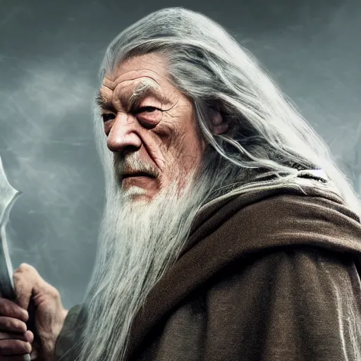 Image similar to the evil ian mckellen as gandalf in a dark viking hood playing odin all father from the thor movie crafting a neural network with synapses on an anvil, highly detailed, cinematic shot, cinematic lighting, 8 k, exquisit facial detail