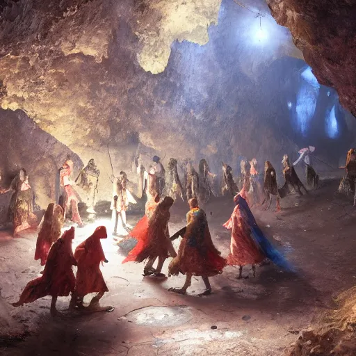 Image similar to medieval people dancing in a cave, there are colorful crystals on the ceiling and on the ground, by greg rutkowski, 4k, very detailed