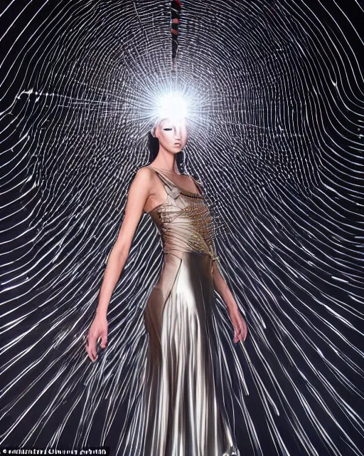 Prompt: standing in an abstract desert dunes criss-crossed with razor-thin lasers and threads, a young beautiful elegant blindfolded fashion model woman wearing posing in a splendid shiny metallic party dress, face and eyes obscured by a floating mid-air laserbeams and geometry