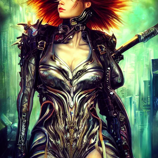 Prompt: a full body beautiful woman wearing a cyberpunk outfit by karol bak, ayami kojima, artgerm, sakimichan, hr giger, blue eyes, weapons, electronics, high tech, concept art, fantasy