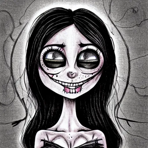 Prompt: grunge drawing of a cartoon creature with big eyes and a wide smile by mrrevenge, corpse bride style, horror themed, detailed, elegant, intricate
