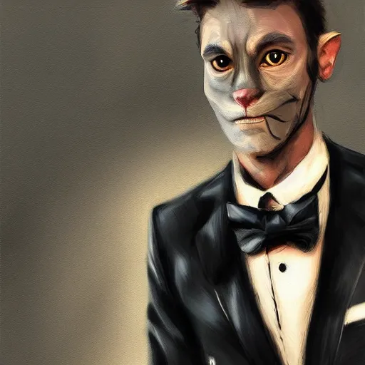 Prompt: photorealistic cat man wearing a tuxedo in the style of greg rutkowski. hyperdetailed photorealism, 1 0 8 megapixels, cinematic lighting