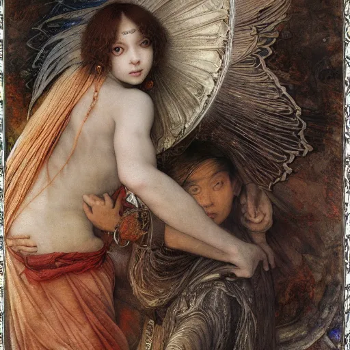 Image similar to disasterpiece experience disciples holy estrangement, by Edgar Maxence and Ross Tran and Michael Whelan and Da Vinci and Caravaggio and J.M.W Turner, metal watercolor intricate line drawings, sacred covenant, mixed techniques, detailed and beautiful face4k resolution