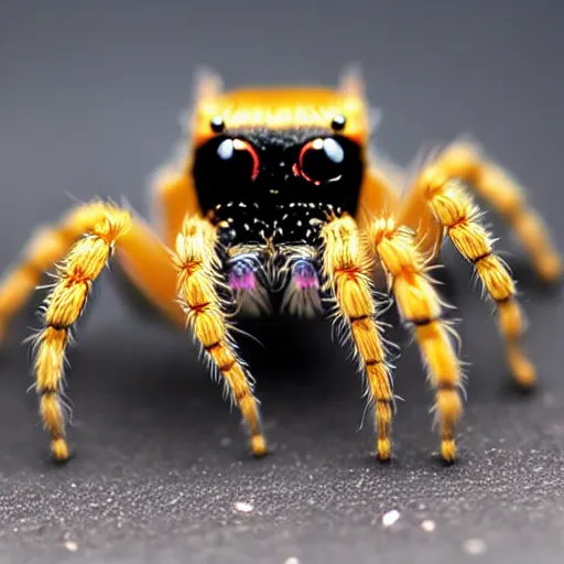 Prompt: a jumping spider using a microscopic keyboard, by pixar, macro lens, iridescent
