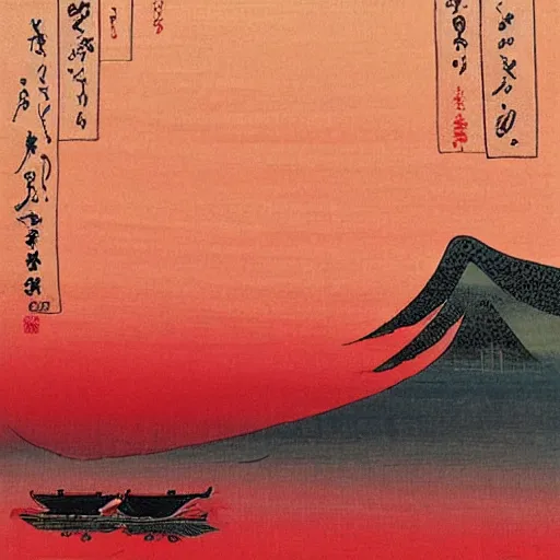 Image similar to “a bright red sunrise, in the style of Ukiyo-e”