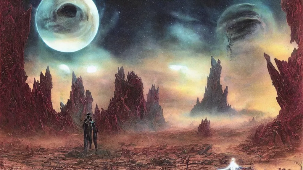 Image similar to eerie atmospheric alien planet empire by jack gaughan and bob eggleton and chris moore, epic cinematic matte painting