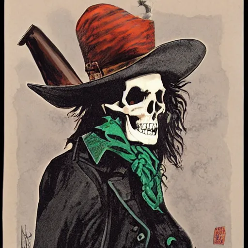 Image similar to grim-hatter, skull cane, candy eerie color, voodoo ritual, matte painting art from goya and pirner