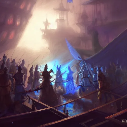 Image similar to D&D fantasy combat fighting blue ghosts on a ship lower deck, intricate, elegant, highly detailed, D&D, digital painting, artstation, concept art, matte painting, sharp focus, illustration, glowing light and shadow, atmospheric, shadowy, cinematic, in the style of Greg Rutkowski and artemisia gentileschi and Alphonse Mucha