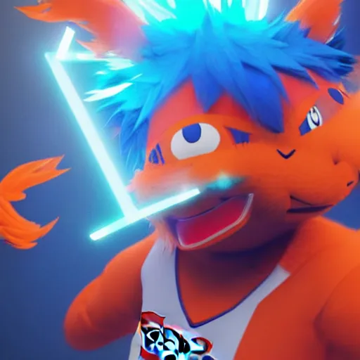 Prompt: very cool anime pokemon of Youppi the Habs Mascot, short orange fire hair, azure blue watery eyes, full round face, seductive glances, wearing Habs Jersey, lens flare, cinematic lighting, medium shot, mid-shot, highly realistically detailed, trending on pixiv, Unreal Engine 4k, Stanley Artgerm Lau, WLOP, Rossdraws, James Jean, Marc Simonetti