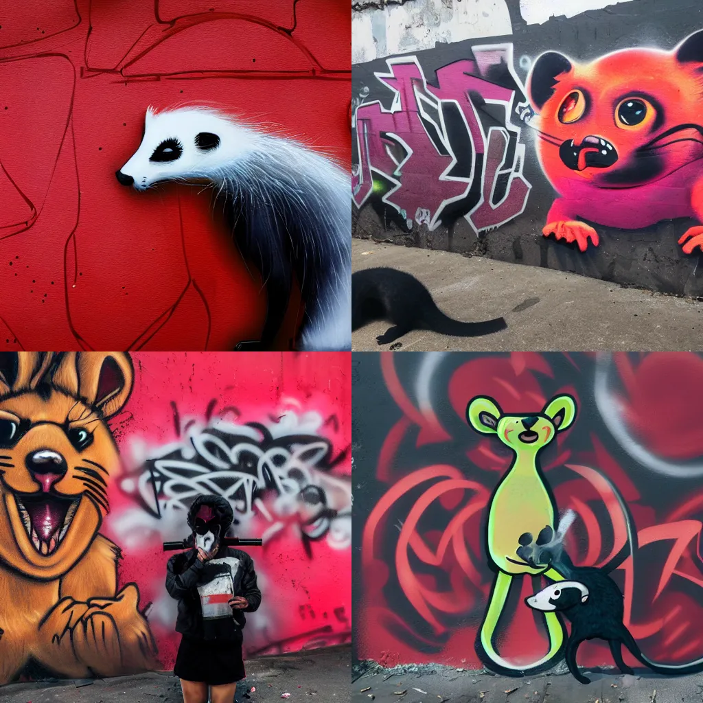 Prompt: photo ( far _ shot ), furry _ fandom _ fursona ( red - and - black, weasel - ferret - stoat ), graffiti _ background ( smoke ), medium ( spray _ paint, favela _ wall )