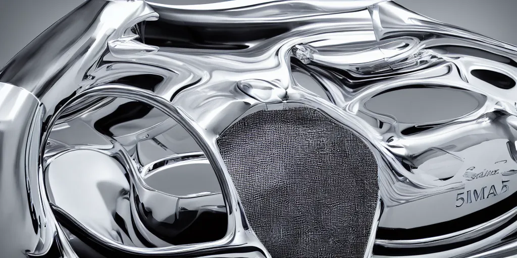 Prompt: Photo of a chrome sports car designed by Rene Lalique, sigma 50mm, ƒ/8, hyper detailed.