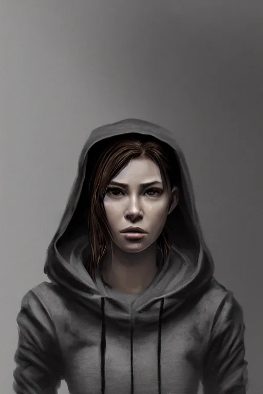 Image similar to A portrait of an attractive women wearing a techwear hoody by Greg Rutkowski, Sung Choi, Mitchell Mohrhauser, Maciej Kuciara, Johnson Ting, Maxim Verehin, Peter Konig, Resident evil , 8k photorealistic, cinematic lighting, HD, high details, dramatic, atmospheric , trending on artstation