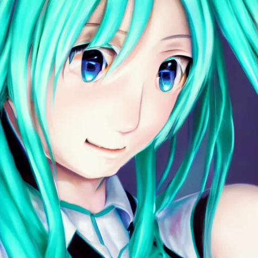 Image similar to hatsune miku, extreme close-up, trending on artstation