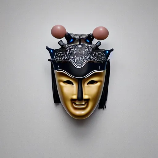 Image similar to symmetrical product photograph of a waterlily shaped ornate samurai mask