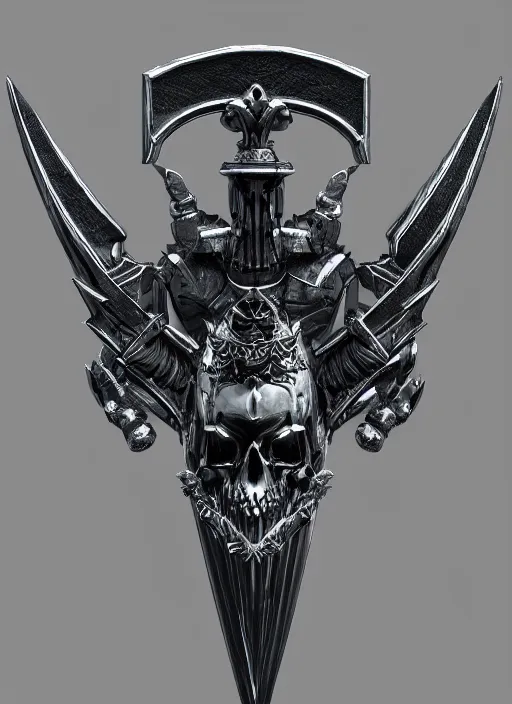 Image similar to a black and silver sword skull crest, orthographic, ornament, weapon, a 2 d render by dom qwek, front side, concept art, trending on polycount, artstation, hard surface modeling, rendered in maya, zbrush, hd, vray, blizzard, symmetry