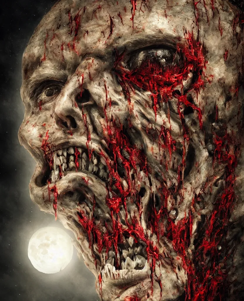 Image similar to moon made from thousands of rotten demonic bloody corpses of Nicolas Cage, body horror, flesh, blood, grotesque hell, highly detailed, vivid colors, dark shadows, contrast, concept art, sharp focus, digital art, Hyper-realistic, 4K, Unreal Engine, Highly Detailed, Dramatic Lighting, Beautiful, by Brom, bastien lecouffe-deharme