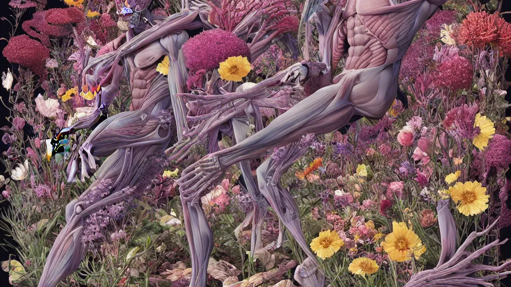 Image similar to highly detailed illustration of a human anatomy body exploded by all the known species of flowers by juan gatti, by makoto shinkai, by moebius!, by oliver vernon, by joseph moncada, by damon soule, by manabu ikeda, by kyle hotz, by dan mumford, by kilian eng