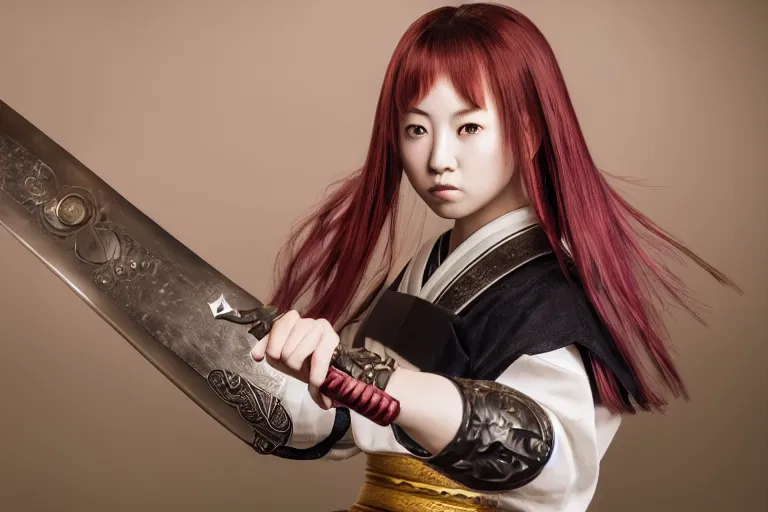 Image similar to beautiful photo of a young female samurai, practising sword stances, symmetrical face, beautiful eyes, huge oversized anime style sword, highly detailed, 8 k, award winning photo, muted pastels, action photography, 1 / 1 2 5 shutter speed, dramatic lighting