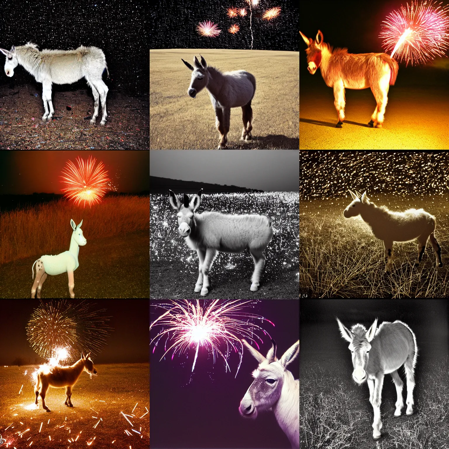 Prompt: exploding fireworks in the night sky raining down embers and sparks and brightly burning pieces falling from the sky, a pale donkey stands in a field in the darkness. color photography. Flash photo. Cursed image. 2000s digicam style. nikon coolpix. canon powershot