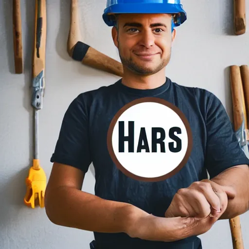 Image similar to a logo of a worker wearing hard hat and holding tools logo