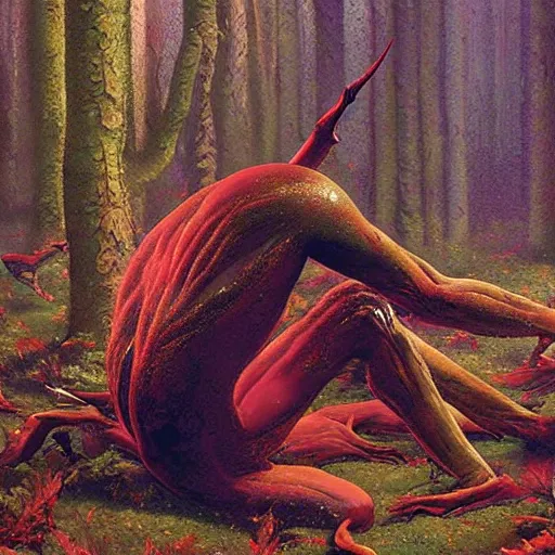 Prompt: corpse on forest floor, chromostereopsis beeple boris vallejo