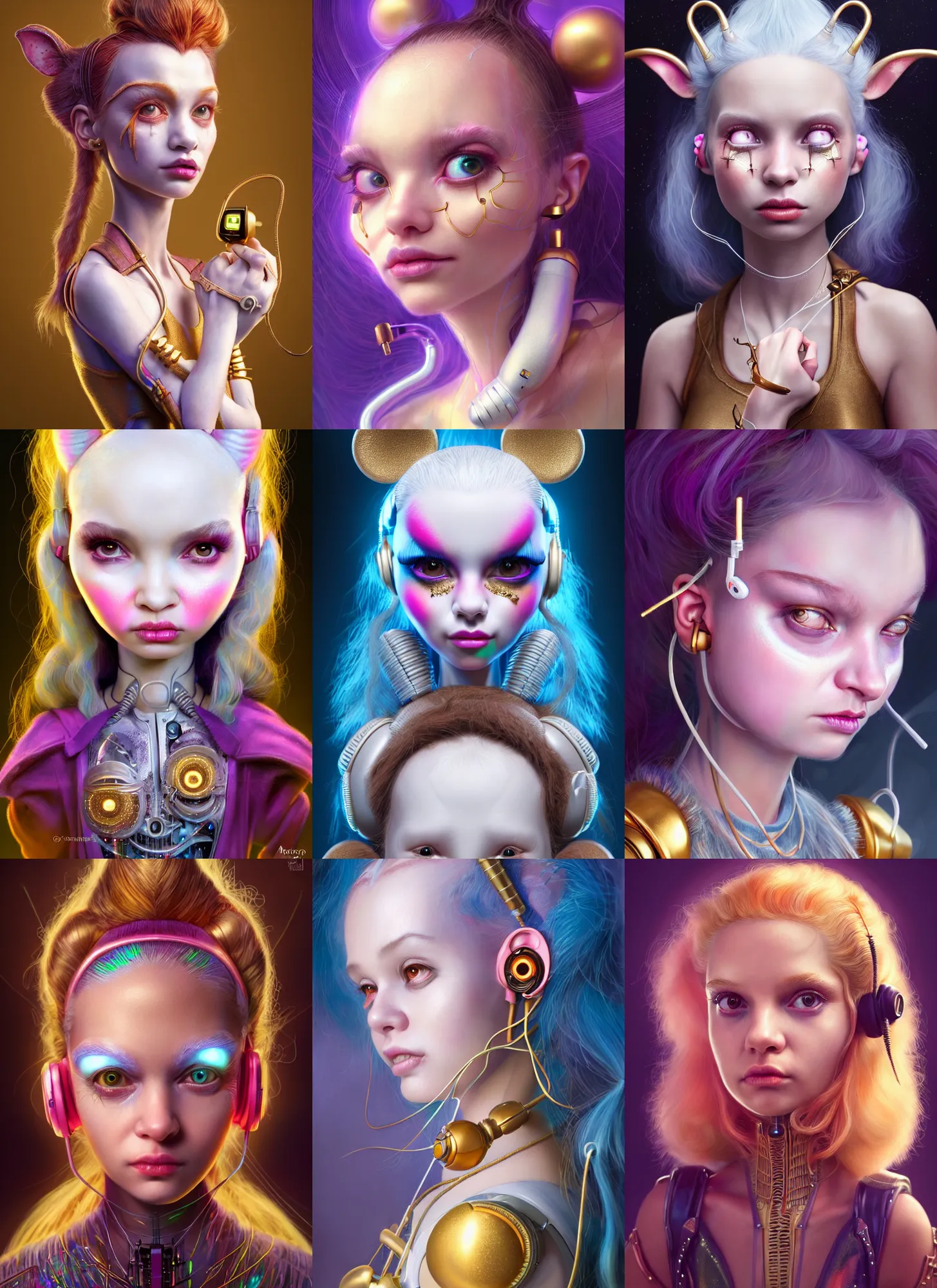 Prompt: disney weta portrait, soft lustrous biotech raver white clowncore baby cyborg, earbuds, golden ratio, sci - fi, fantasy, cyberpunk, intricate, decadent, highly detailed, digital painting, ever after high, octane render, artstation, concept art, smooth, sharp focus, illustration, art by pixar, artgerm, loish, wlop