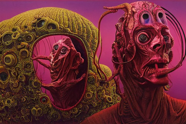 Prompt: 35mm color, identity, portrait, fashion shoot, freak show, weird, random, strange, hyperdetailed, photorealistic, high fashion, interesting, alien mothership, by David la chapelle and david cronenberg and WETA digital, art by Zdzisław Beksiński, Ivan Bilibin, Dariusz Zawadzki , ID magazine, octane rendering, cinematic, hyperrealism, octane rendering, 8k, depth of field, bokeh.