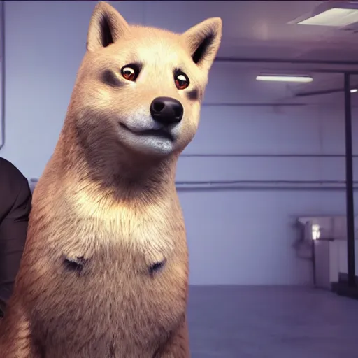 Prompt: Elon Musk with doge body, realistic artstyle, wide shot, dramatic lighting, octane render, hyperrealistic, high quality, highly detailed, HD, beautiful, cinematic, 8k, unreal engine, facial accuracy, symmetrical