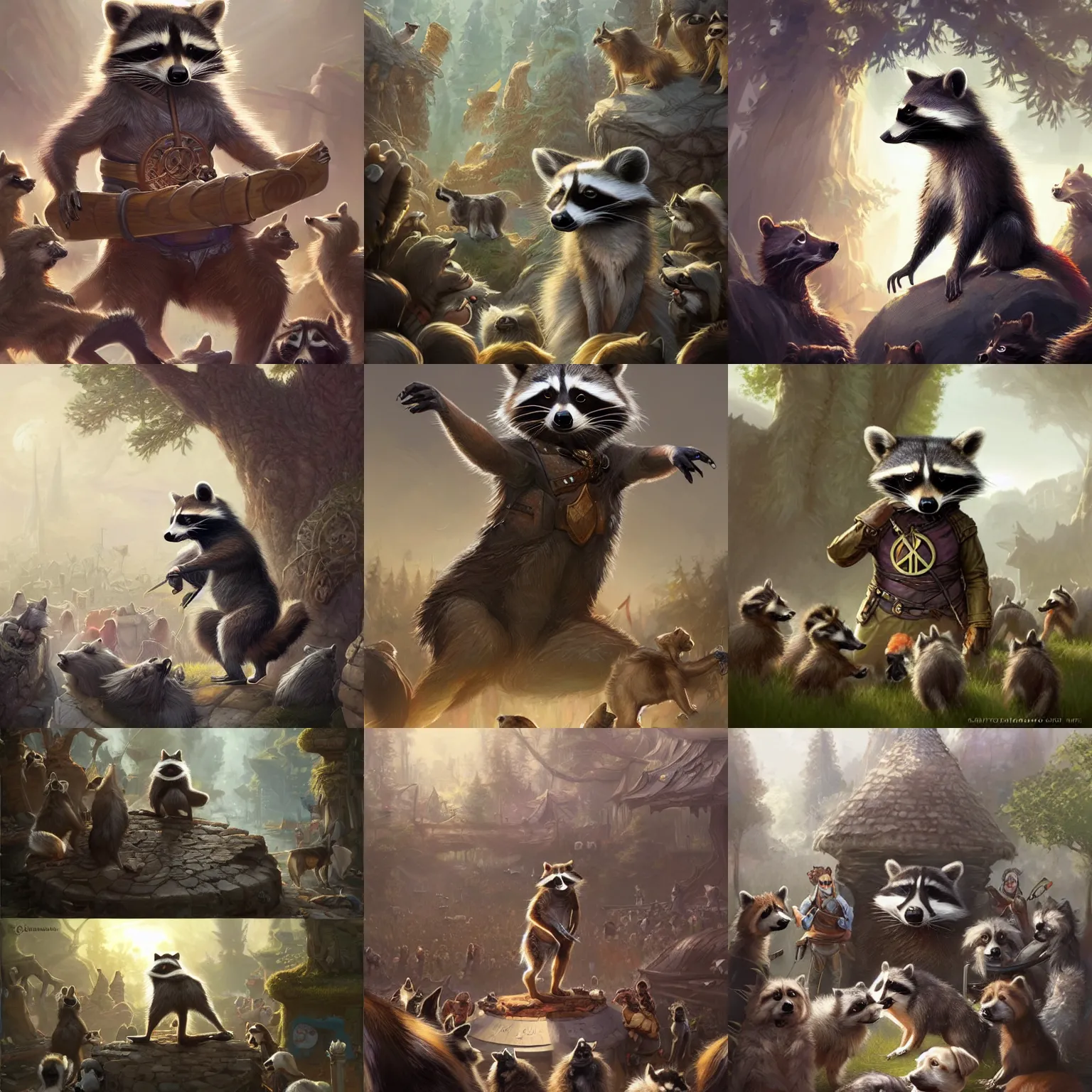 Prompt: a raccoon talking to a crowd of dogs about peace, d & d, fantasy, portrait, highly detailed, digital painting, trending on artstation, concept art, sharp focus, illustration, art by artgerm and greg rutkowski and magali villeneuve