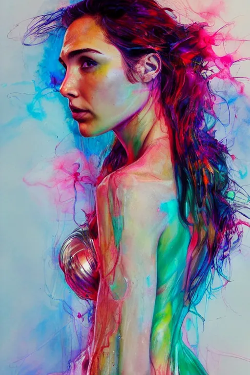 Image similar to gal gadot by agnes cecile enki bilal moebius, intricated details, 3 / 4 back view, full body portrait, extremely luminous bright design, pastel colours, drips, autumn lights