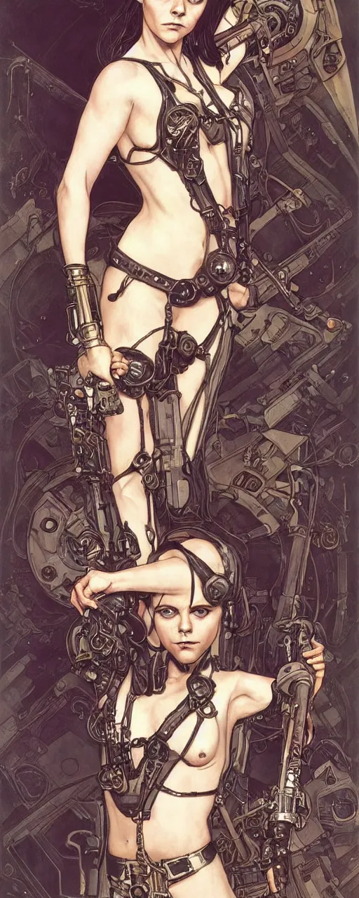 Image similar to striking sensual industrial art nouveau style portrait of christina ricci as a cyberpunk heavy metal rebel soldier by travis charest, simon bisley and alphonse mucha, photorealism, extremely hyperdetailed, perfect symmetrical facial features, perfect anatomy, ornate declotage, weapon, latex, excited expression, wild eyes