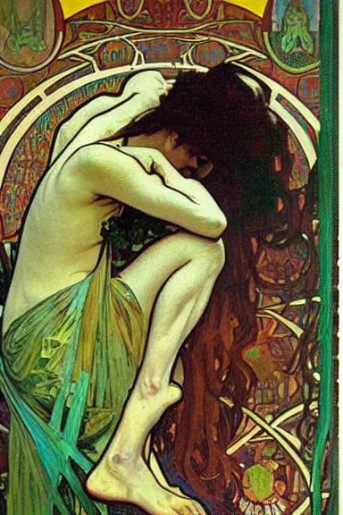 Prompt: This is a monster, and its name is Greeny, oil painting without frame by Alphonse Mucha