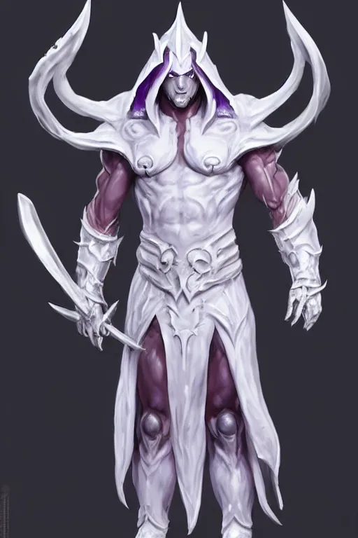 Image similar to human male demon, full body white purple cloak, hero, heavy scale armor, character concept art, costume design, black eyes, white horns, trending on artstation, Artgerm , WLOP