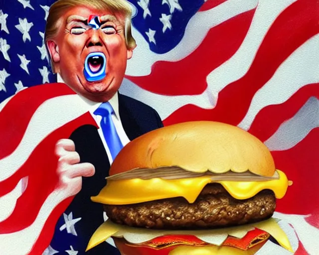 Prompt: !! donald trump!! licking a! cheeseburger! at a rally with american flags, deep focus, fantasy, intricate, highly detailed, digital painting, artstation, concept art, matte, sharp focus, illustration, hearthstone, art by artgerm and greg rutkowski and alphonse mucha,! hamburger!