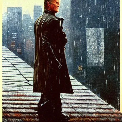 Image similar to rutger hauer as roy batty from blade runner 1982 standing on rooftop in heavy rain, painted by norman rockwell and tom lovell and frank schoonover