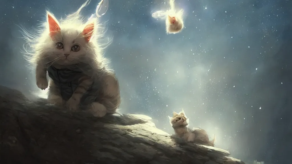 Image similar to a single cartoonish kitten dressed as Gandalf floating in space, bright stars, anime, a fantasy digital painting by Greg Rutkowski and James Gurney, trending on Artstation, highly detailed