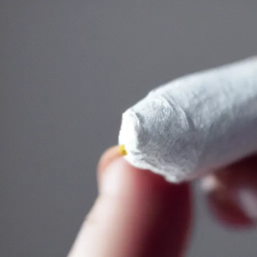 Prompt: Close-up of hyperrealistic soft only realistic hand holding cigarette with smoke, white background, 4K