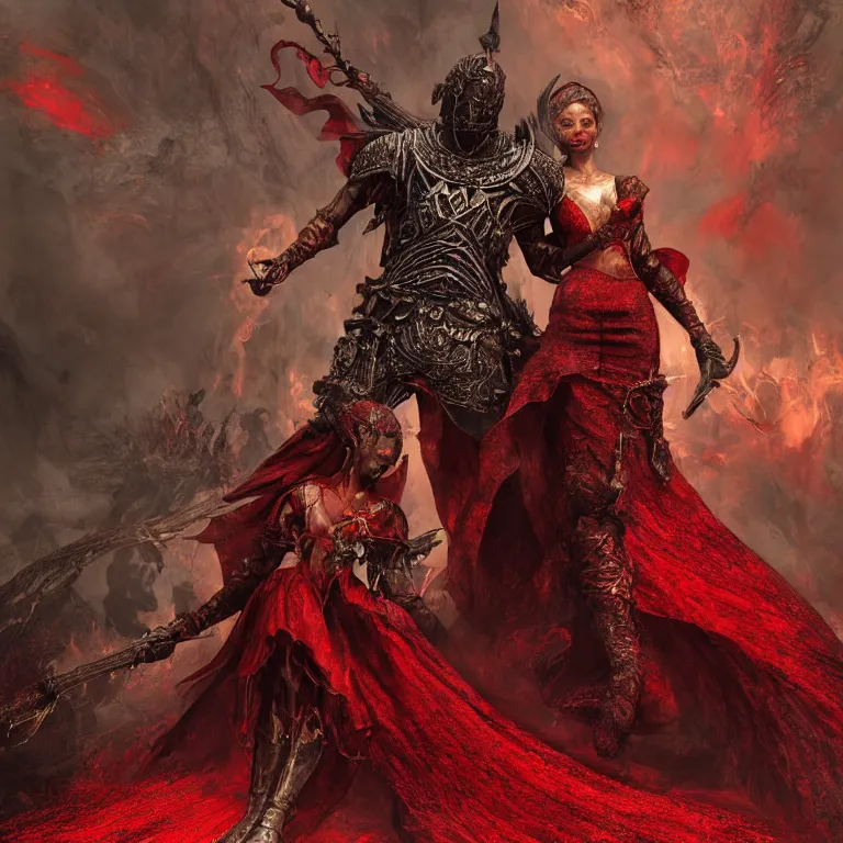 Prompt: black man and a female devil in red dress dancing, Dark Souls 3 themed, in style of Ruan Jia, insanely detailed and intricate, golden ratio, elegant, ornate, luxury, elite, matte painting, cinematic, cgsociety, James jean, Brian froud, ross tran, Laputa