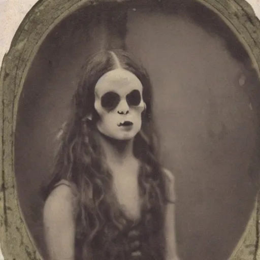 Image similar to 1830 photo of an ancient demon-girl devouring his own soul on an abandoned hospital, spooky