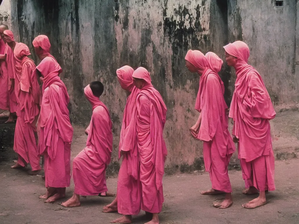 Prompt: 3 5 mm photography taken by harry gruyaert, pink monks in vietnam, sun and shadows, 1 9 7 0 s kodachrome colour photo