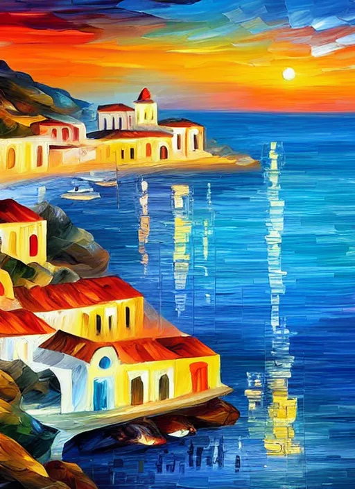 Image similar to beautiful seaside greek village at sunset in the style of leonid afremov