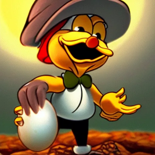 Prompt: Young Scrooge McDuck at White Agony Creek holding up goose egg nugget, hyper realistic digital art by Disney, epic full length, exquisite detail, post-processing, low angle, masterpiece, cinematic