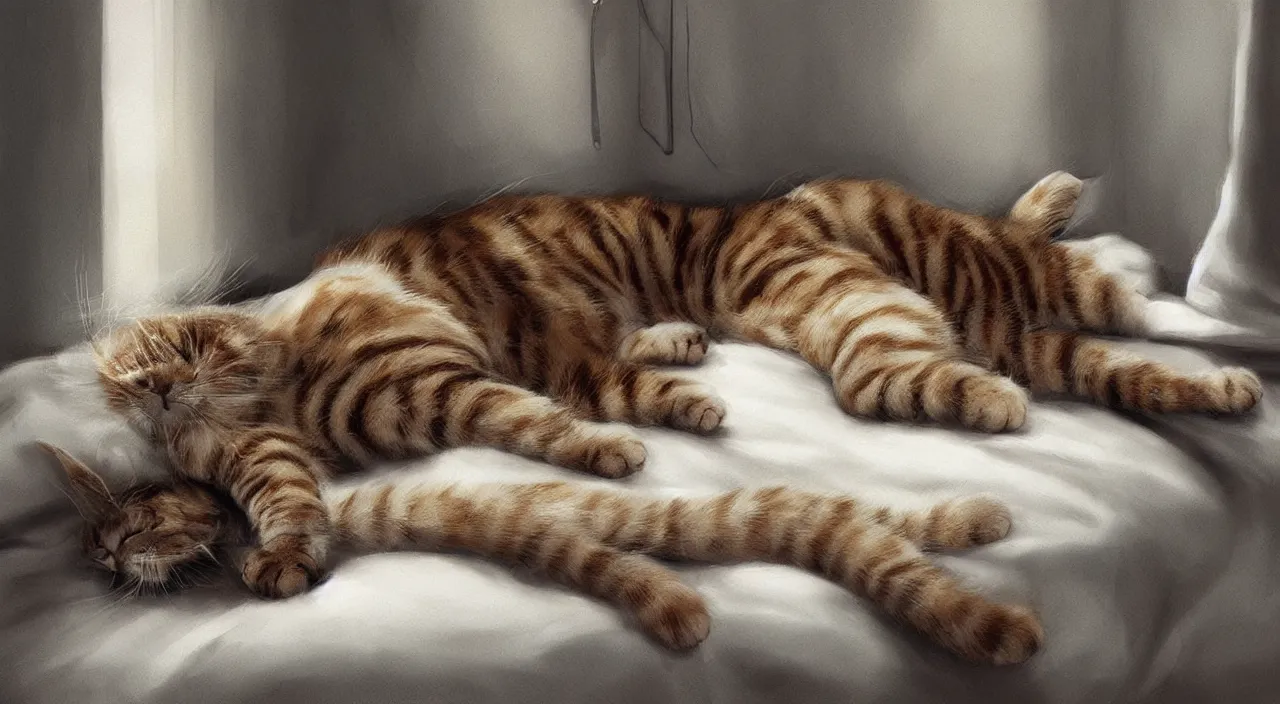 Prompt: A sick cat laying in a bedroom, digital art, hyper realistic, artstation