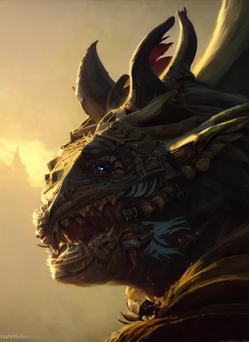 Image similar to highly detailed portrait of a charr from the game'guild wars 2 ', stephen bliss, unreal engine, fantasy art by greg rutkowski, loish, rhads, ferdinand knab, makoto shinkai and lois van baarle, ilya kuvshinov, rossdraws, tom bagshaw, alphonse mucha, global illumination, radiant light, detailed and intricate environment