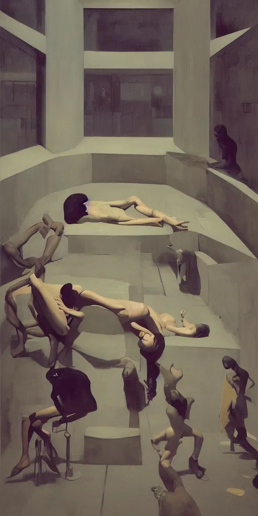 Image similar to the disinvention of time, liberation, by edward hopper and james gilleard, zdzislaw beksinski, open ceiling, highly detailed, black people, painted by francis bacon, painted by james gilleard, surrealism, airbrush, ilya kuvshinov, wlop, stanley artgerm, very coherent, art by takato yamamoto and james jean