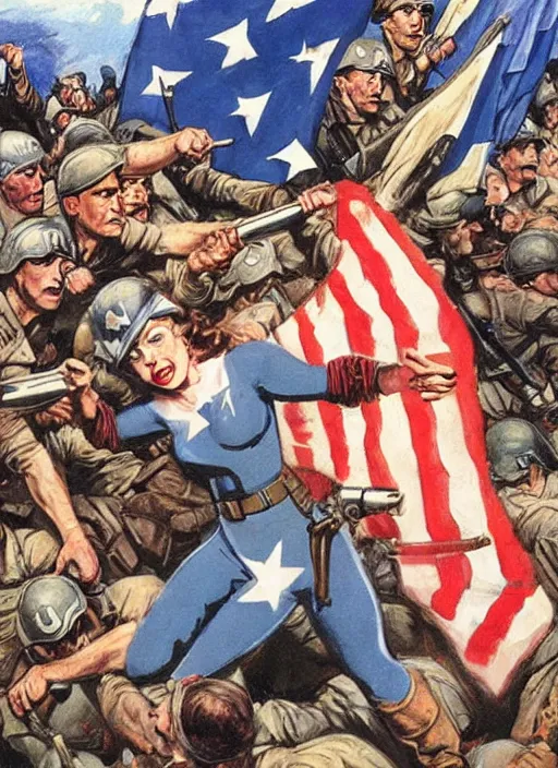 Prompt: beautiful jewish female captain america standing on a pile of defeated german soldiers. jewish feminist captain america wins wwii. american wwii propaganda poster by james gurney
