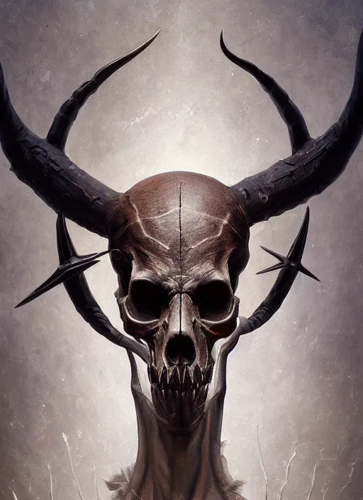 Image similar to portrait of realistic animal skull with long pointy alien horns, eerie glowing eyes, wall hanging trophy taxidermy, hyper realistic head, volumetric lighting, fantasy art, in the style of greg rutkowski, burne hogarth, intricate, alphonse mucha, hyper detailed, smooth