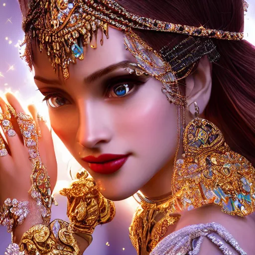 Image similar to portrait of pretty princess with perfect skin, glowing, ornate and intricate diamond jewelry, jaw dropping beauty, ornate and intricate backdrop, white accent lighting, hyper detailed, 4 k octane render