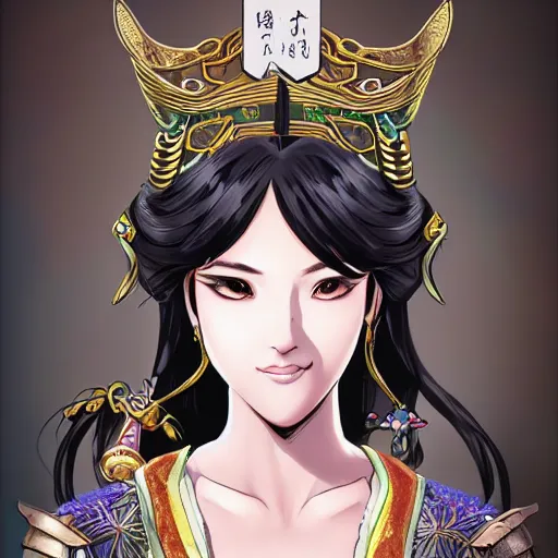 Image similar to ancient asian dynasty princess, three kingdom, dynasty warriors, cute face, standing in an oasis in the desert, comics, beautiful, elegant, headshot, long black hair, digital painting, smooth, concept art, art by hirohiko araki