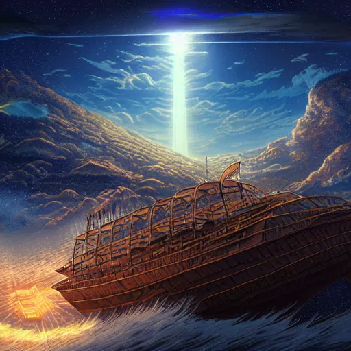 Prompt: a detailed matte painting of noah's ark landing on mount ararati, art by dan mumford and yusuke murata and makoto shinkai and ross tran, cosmic, heavenly, god rays, intricate detail, cinematic, 8 k, cel shaded, unreal engine, featured on artstation, pixiv